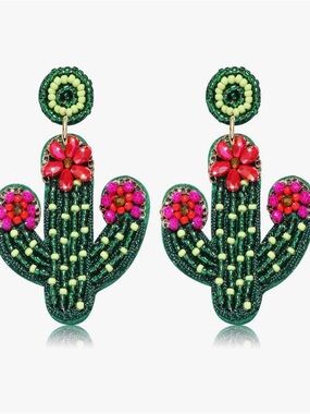 Beaded Green Cactus Drop Earrings - Floral Accent